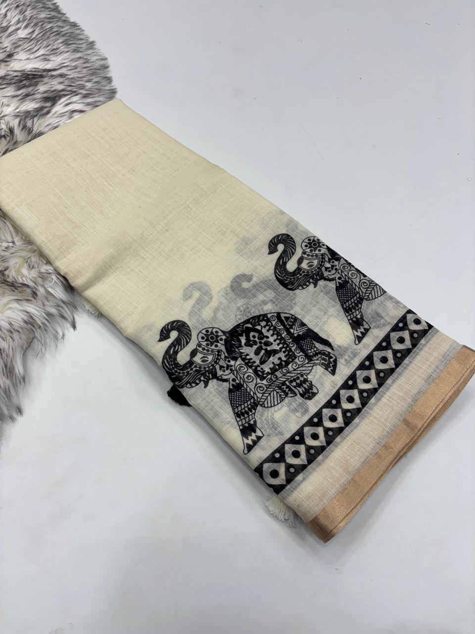 Gratifying Festive Wear Pure Soft Linen Silk Print Zari Border Fancy Saree For Women