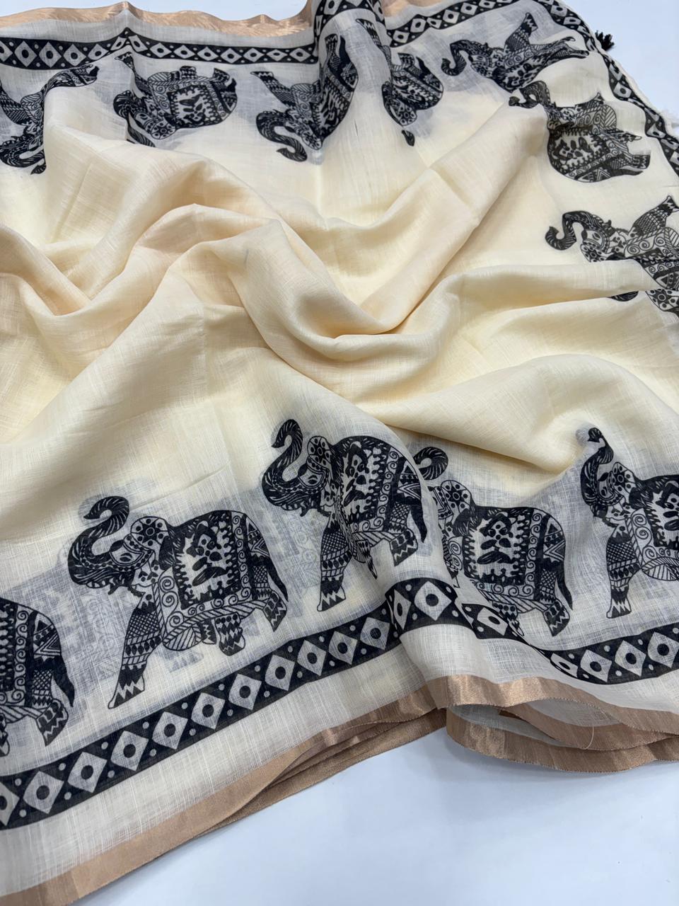 Gratifying Festive Wear Pure Soft Linen Silk Print Zari Border Fancy Saree For Women