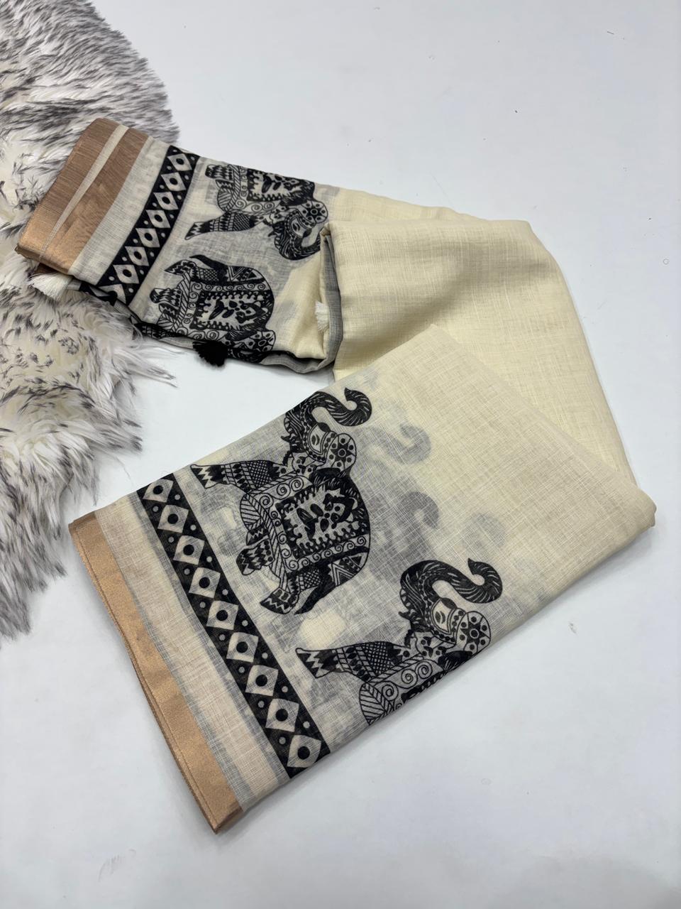 Gratifying Festive Wear Pure Soft Linen Silk Print Zari Border Fancy Saree For Women