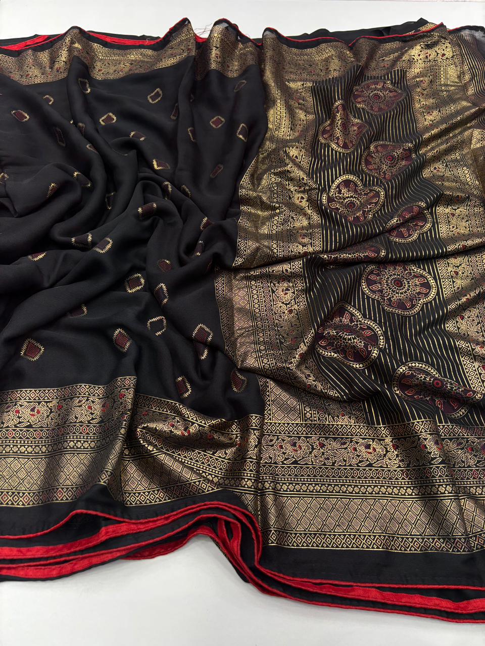 Exquisite Festive Wear Pure Soft Georgette Silk Foil Print With Zari Border Designer Saree
