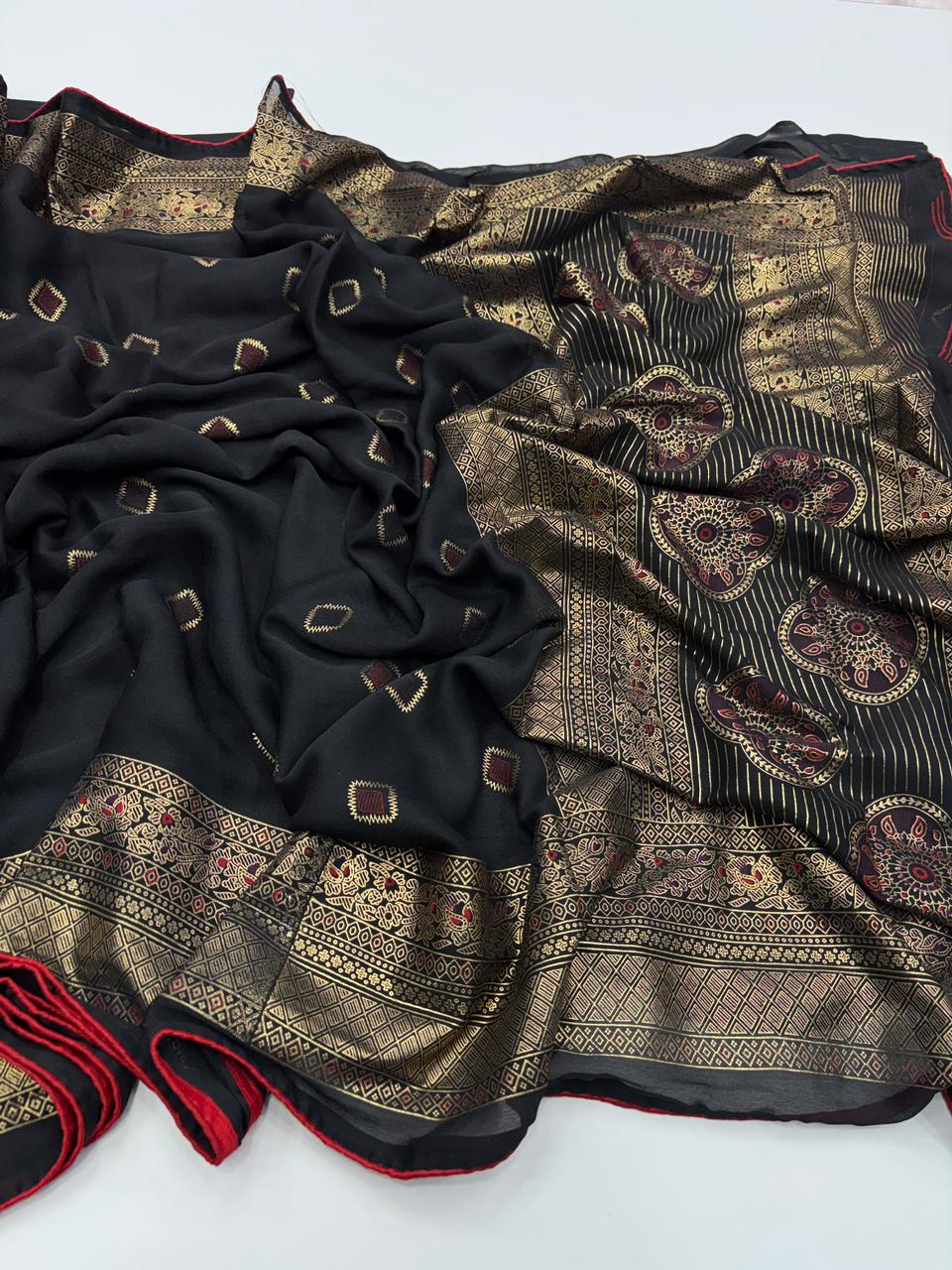 Exquisite Festive Wear Pure Soft Georgette Silk Foil Print With Zari Border Designer Saree