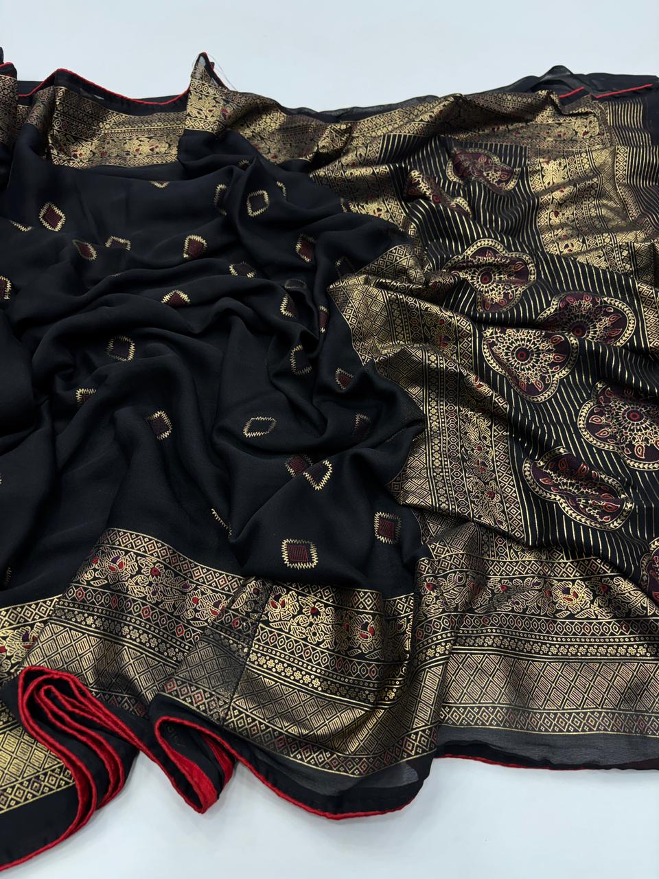 Exquisite Festive Wear Pure Soft Georgette Silk Foil Print With Zari Border Designer Saree