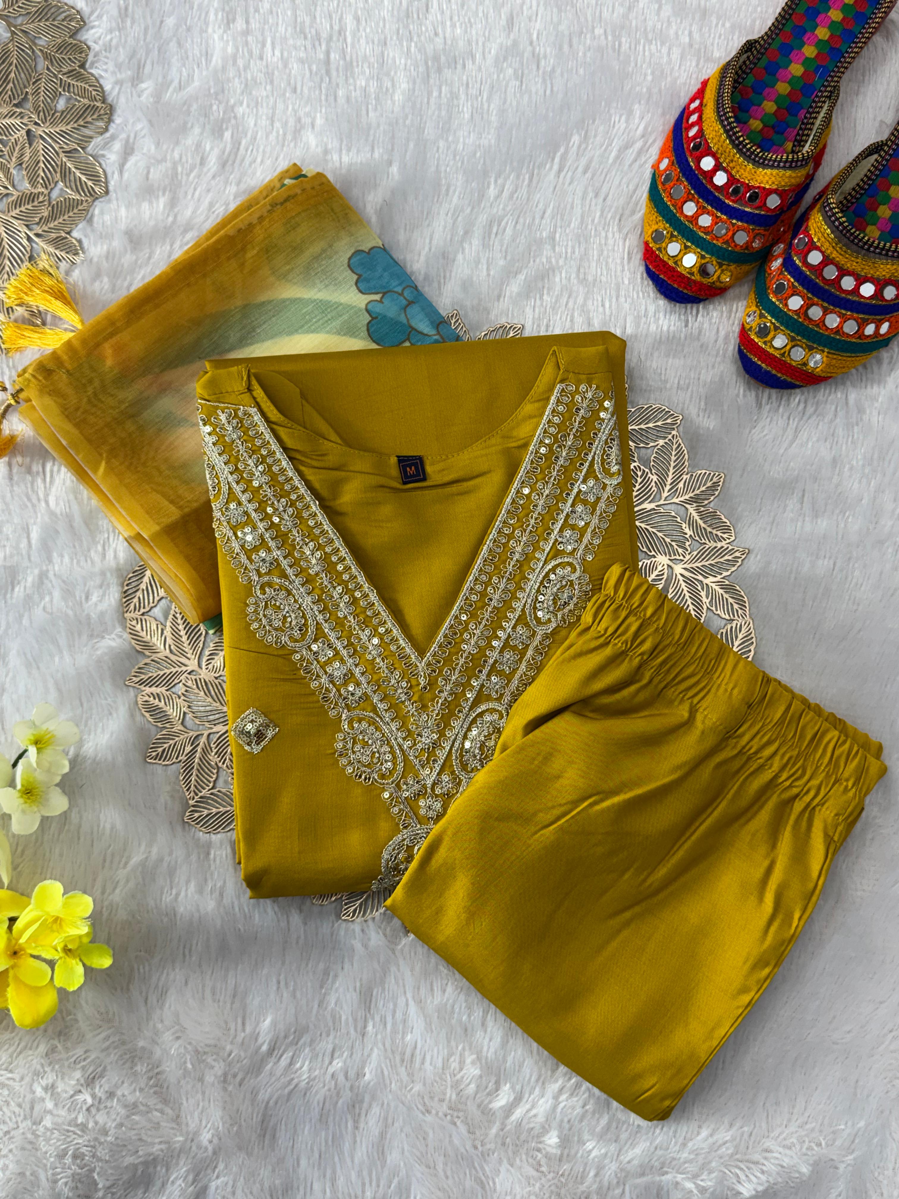 Forbearance Wedding Wear Roman Silk Embroidery n Sequence Work Designer Straight Kurta With Trouser n Dupatta Set