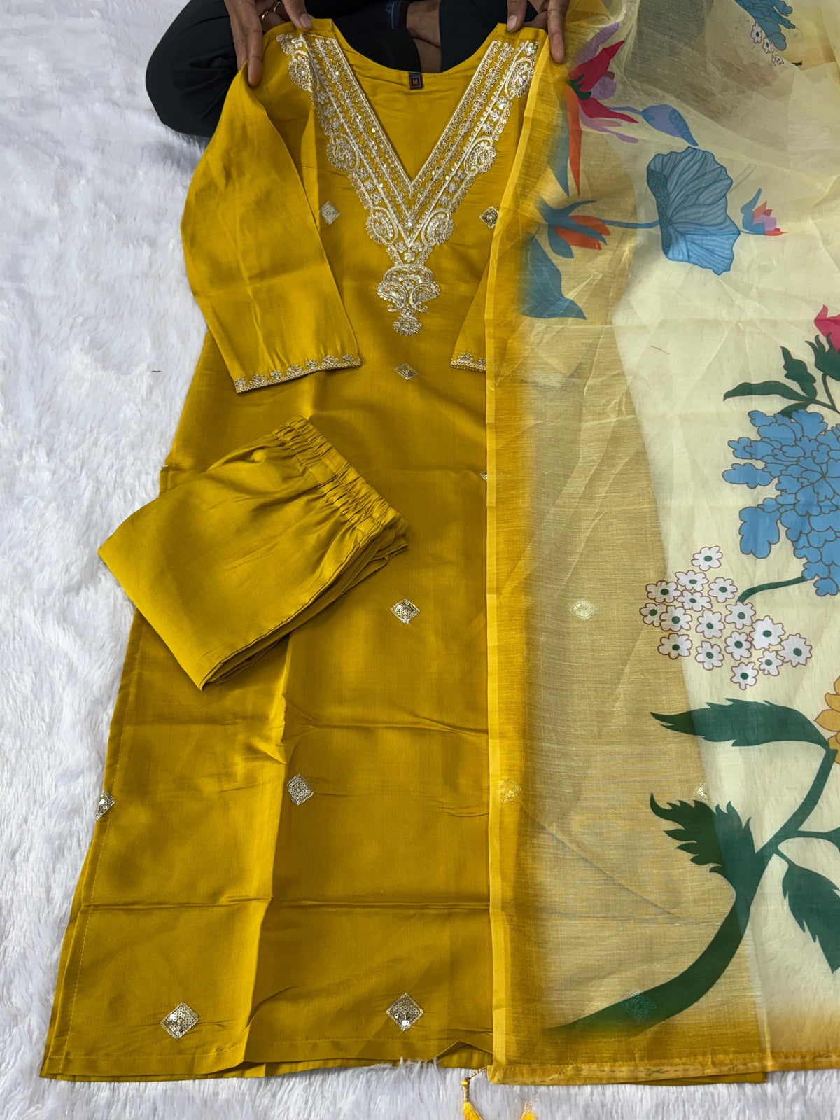 Forbearance Wedding Wear Roman Silk Embroidery n Sequence Work Designer Straight Kurta With Trouser n Dupatta Set