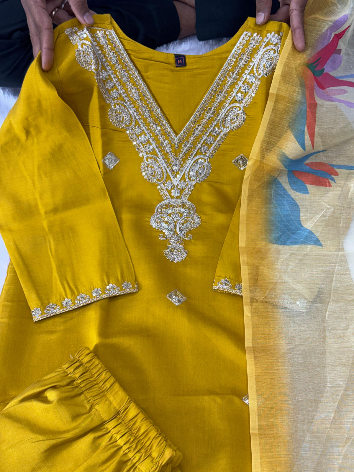 Forbearance Wedding Wear Roman Silk Embroidery n Sequence Work Designer Straight Kurta With Trouser n Dupatta Set