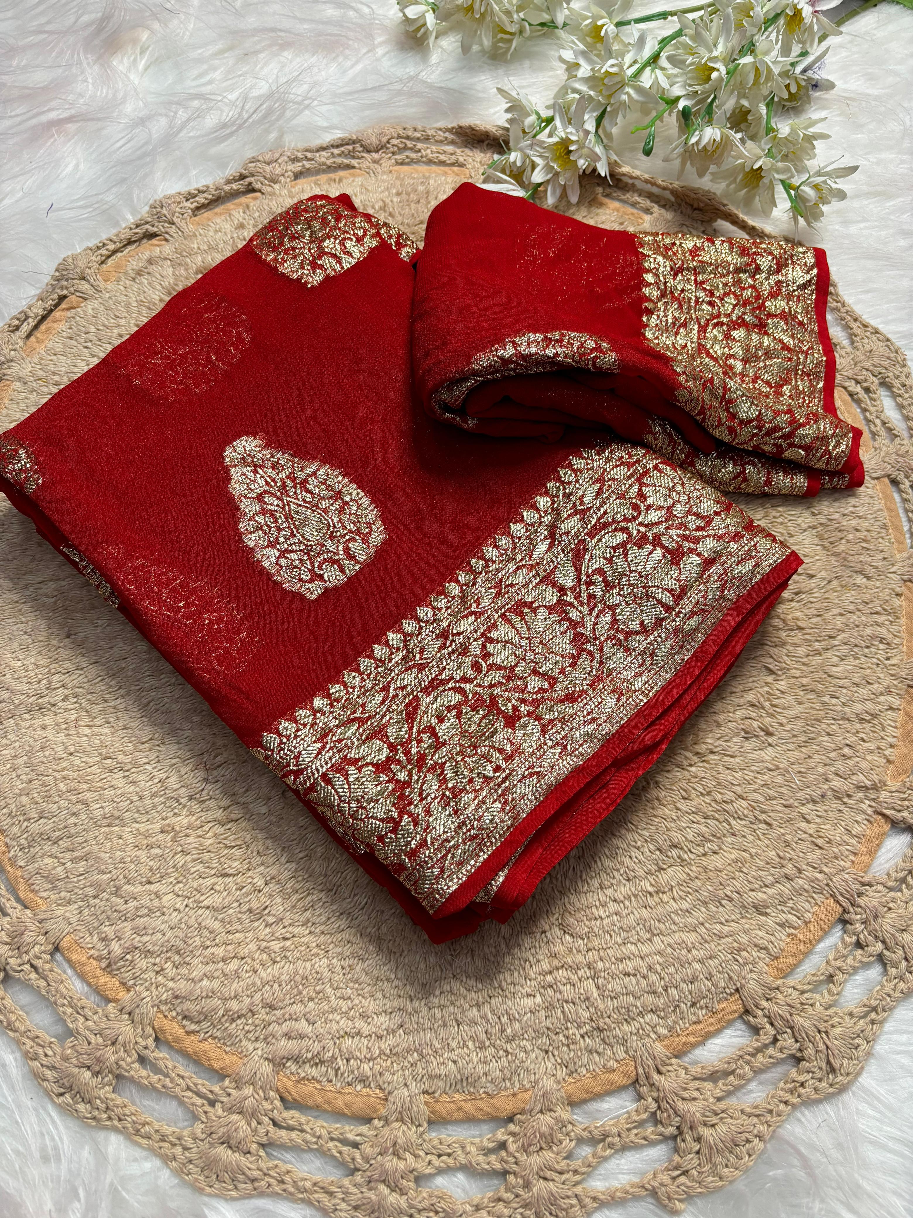 Gorgeous Party Wear Viscose Georgette Jacquard Zari Work Saree With Elegant Blouse Piece