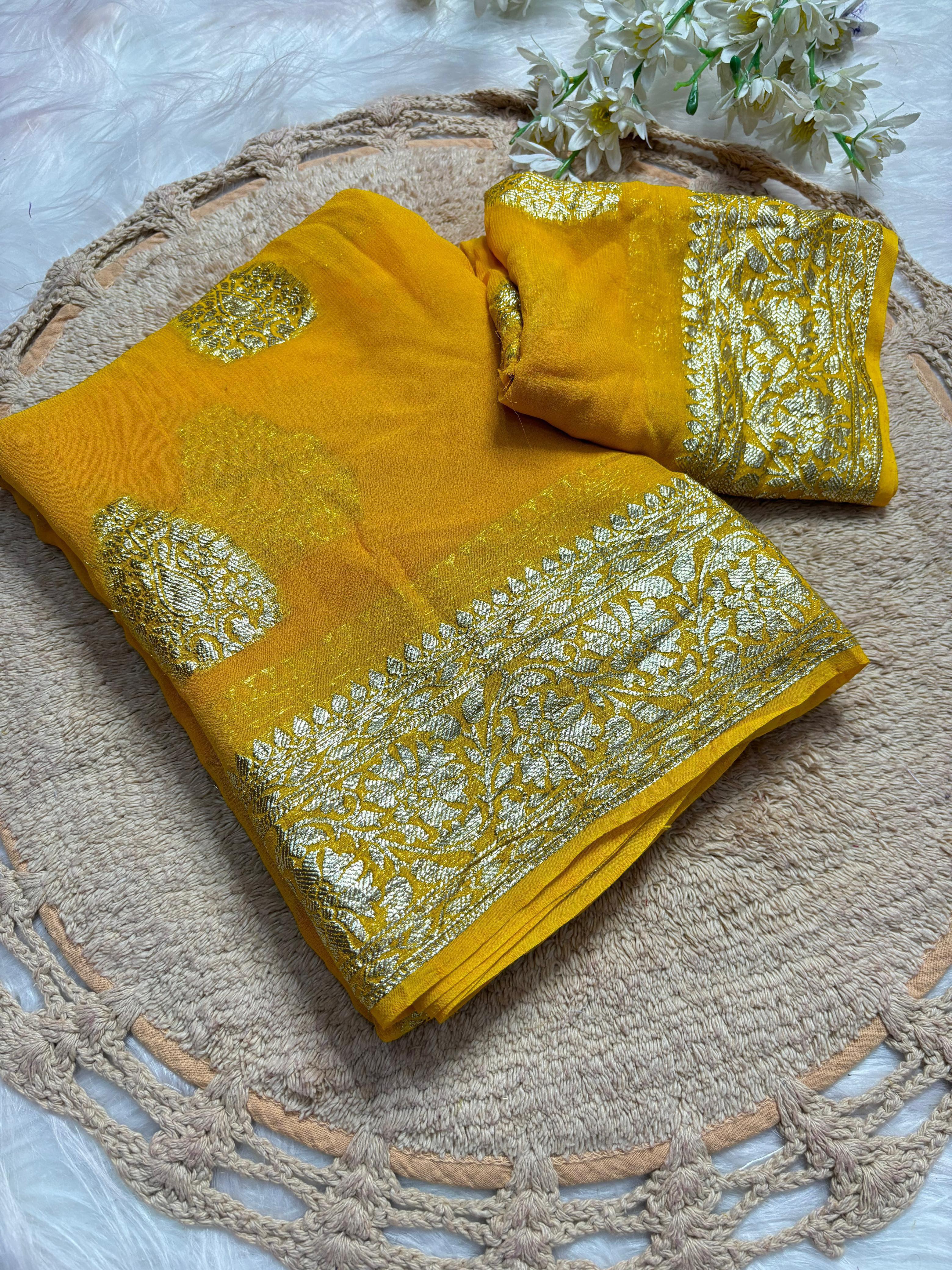 Gorgeous Party Wear Viscose Georgette Jacquard Zari Work Saree With Elegant Blouse Piece