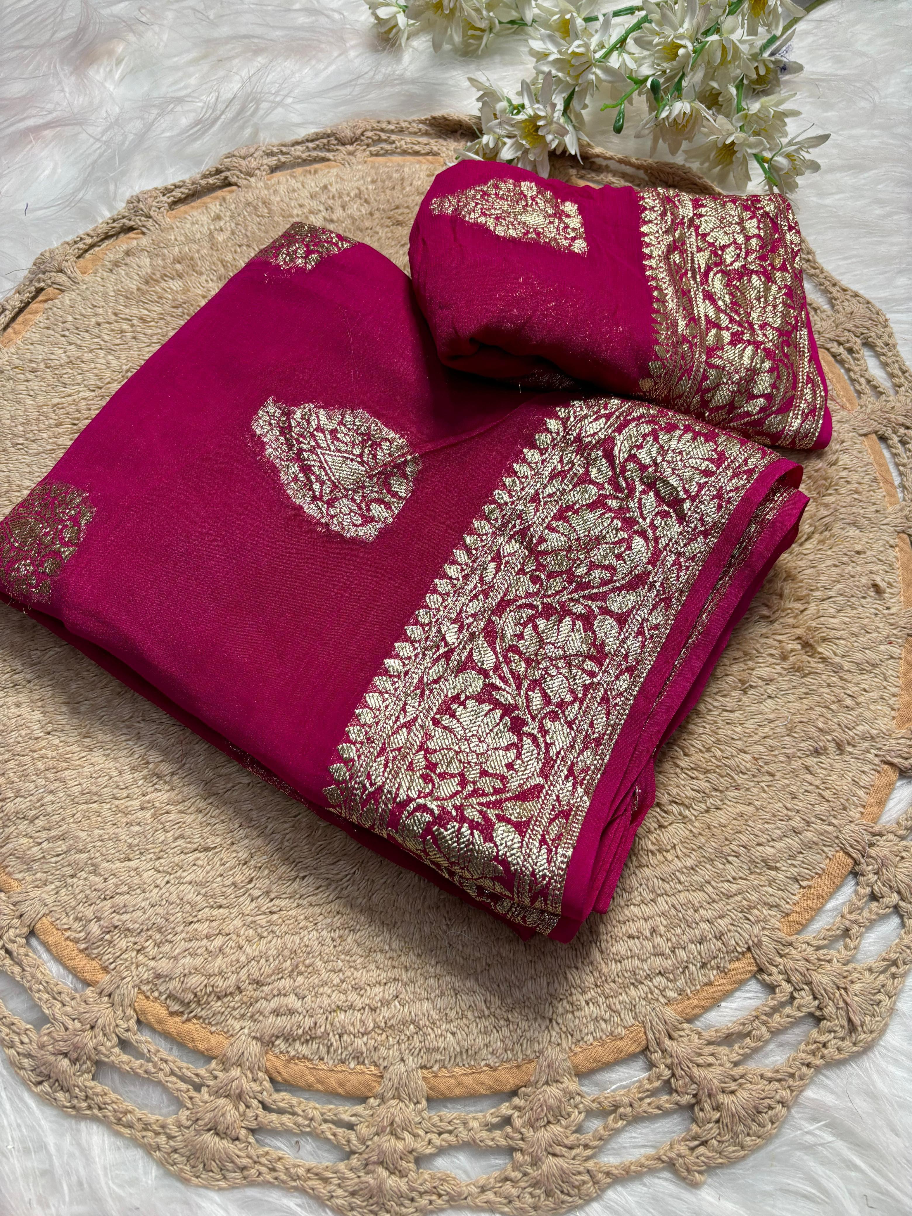 Gorgeous Party Wear Viscose Georgette Jacquard Zari Work Saree With Elegant Blouse Piece