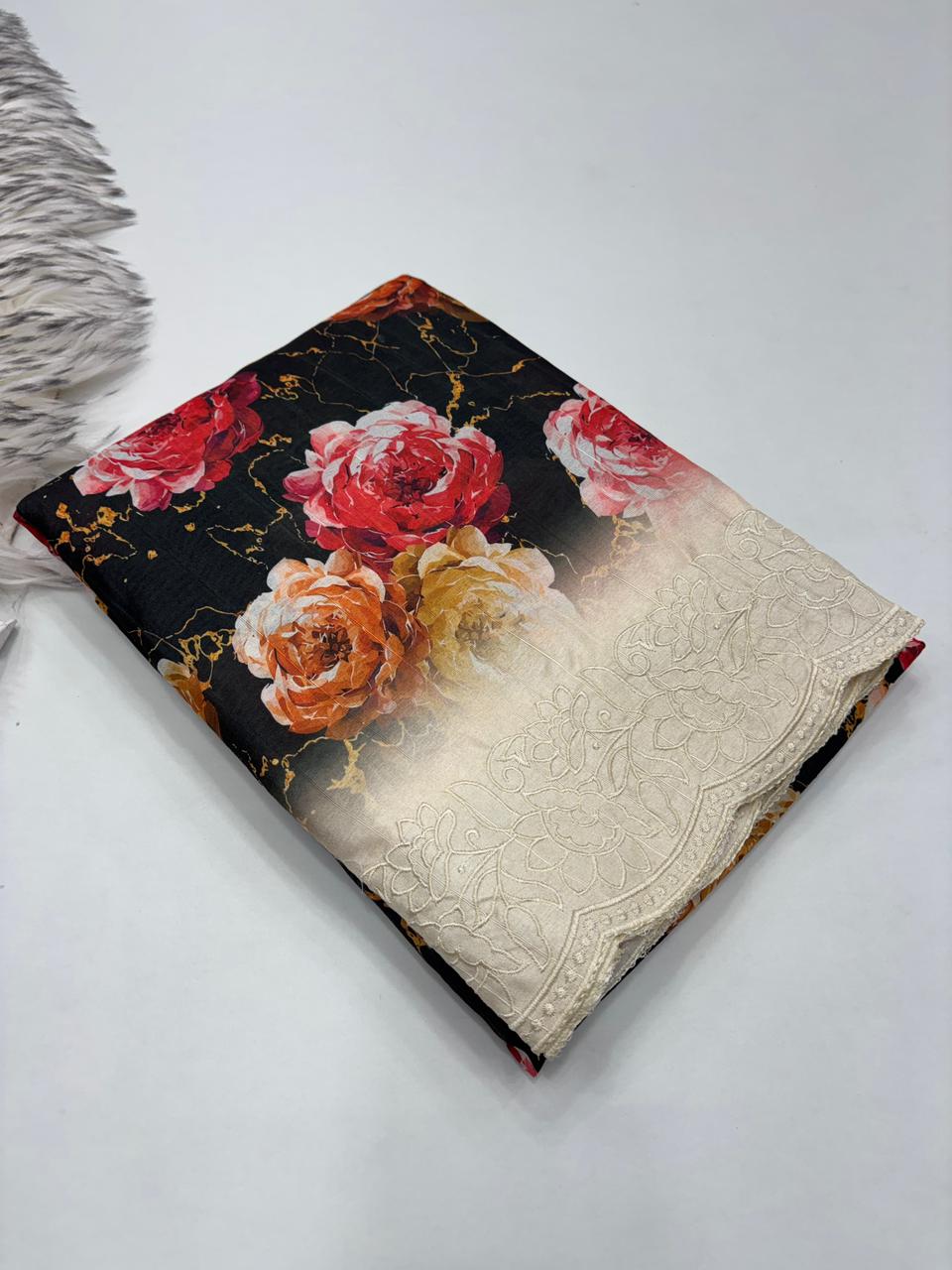 Effervescent Festive Wear Tussar Silk Digital Print n Embroidery Border Fancy Designer Saree For Women