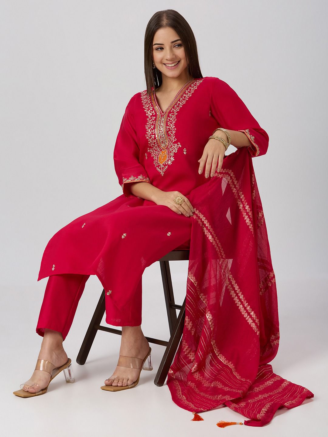 Charming Festive Wear  Roman Silk Embroidery n Sequence Work Designer Straight Kurta With Trouser n Dupatta Set