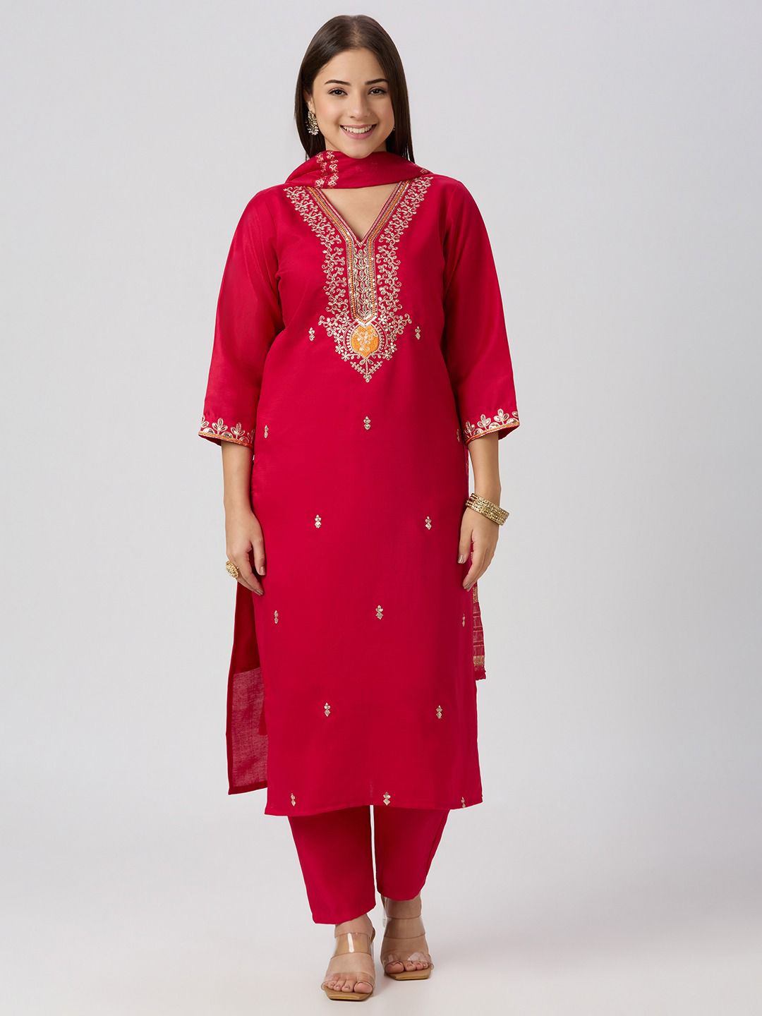 Charming Festive Wear  Roman Silk Embroidery n Sequence Work Designer Straight Kurta With Trouser n Dupatta Set