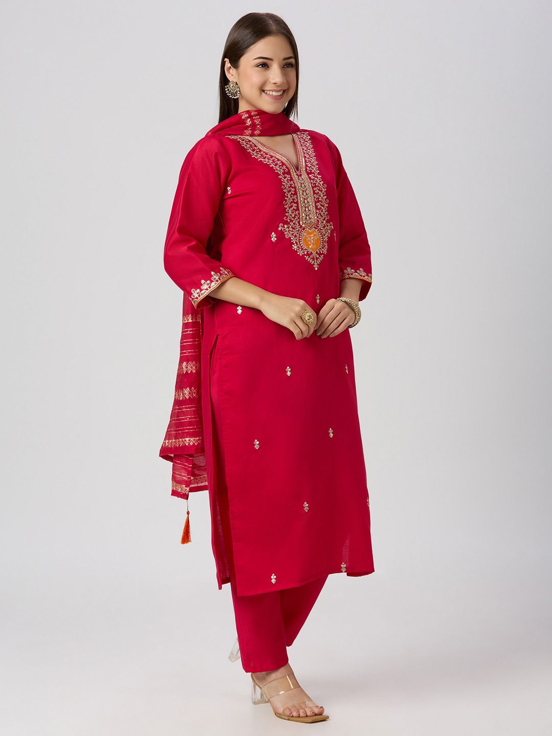 Charming Festive Wear  Roman Silk Embroidery n Sequence Work Designer Straight Kurta With Trouser n Dupatta Set