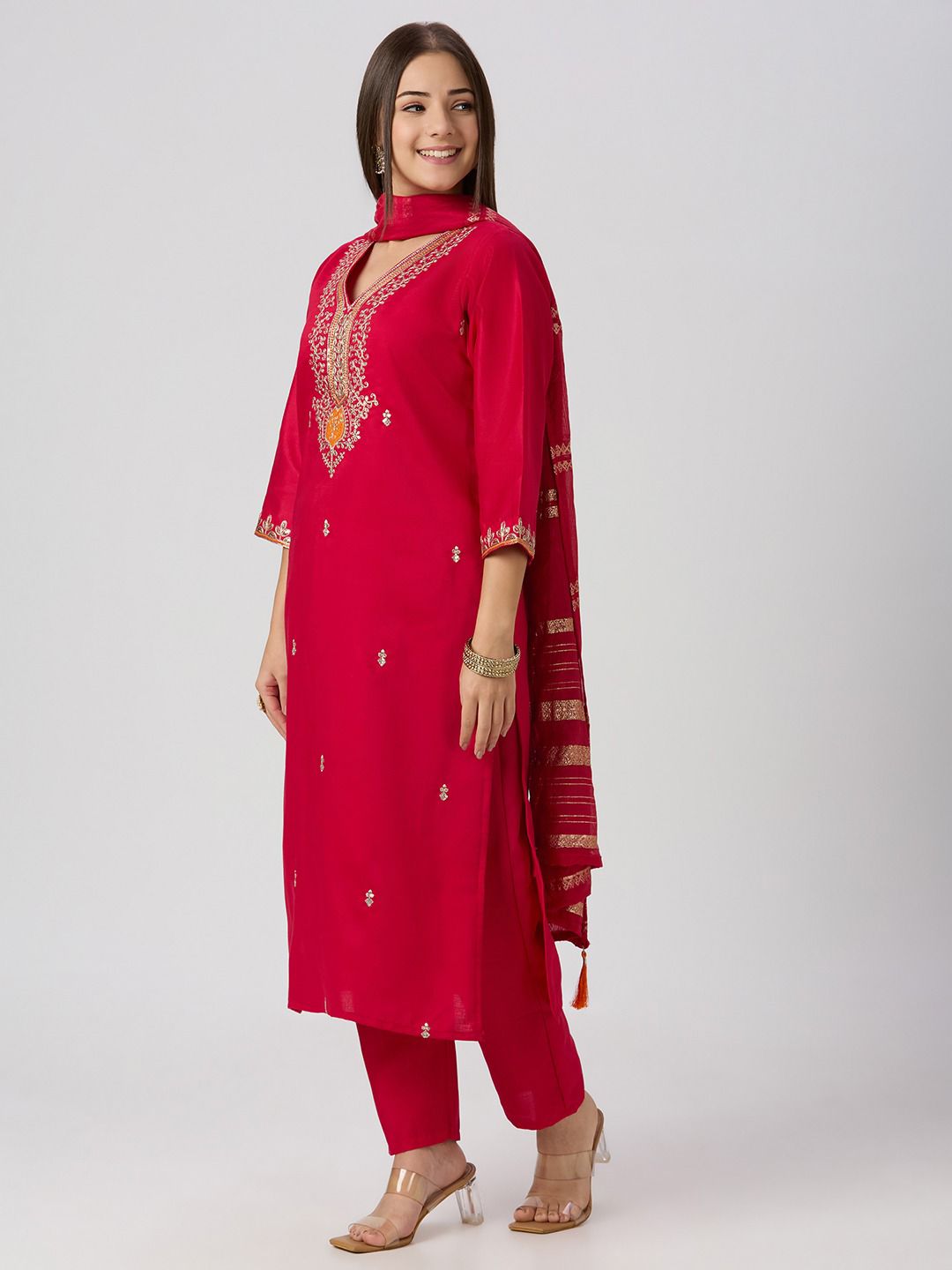 Charming Festive Wear  Roman Silk Embroidery n Sequence Work Designer Straight Kurta With Trouser n Dupatta Set