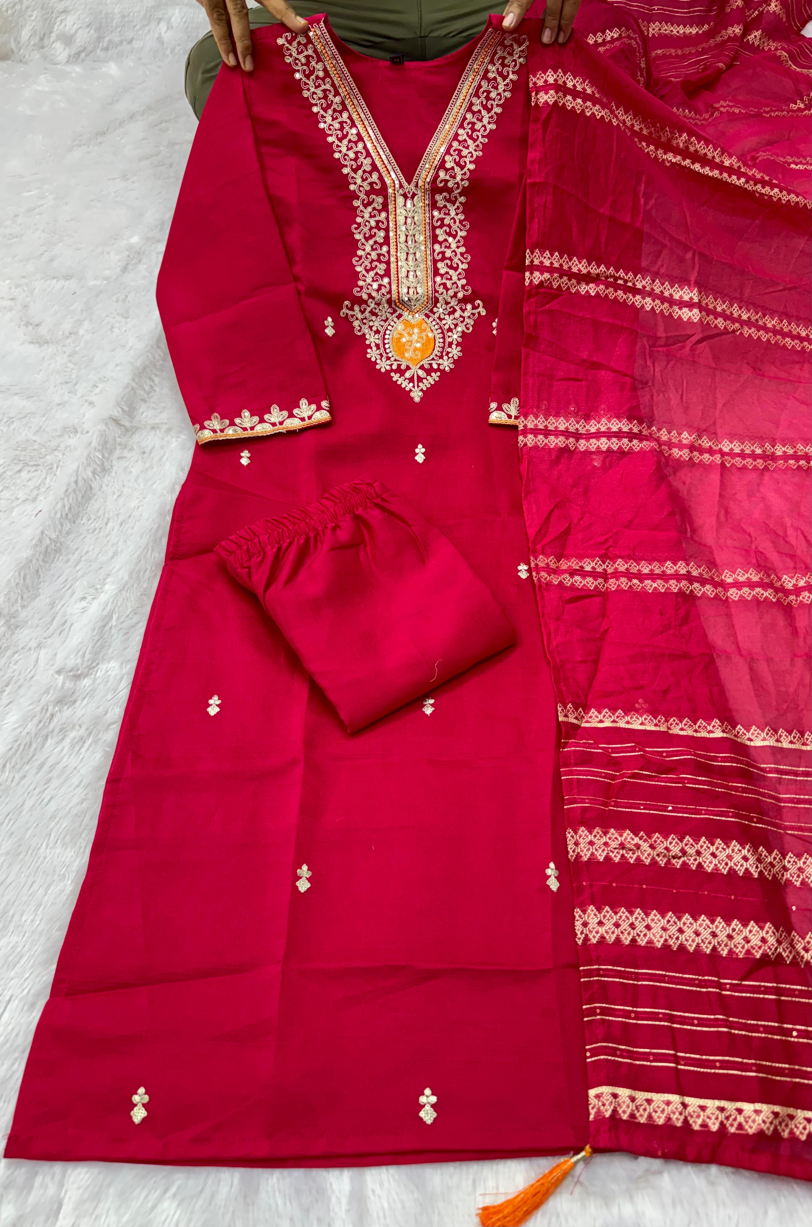 Charming Festive Wear  Roman Silk Embroidery n Sequence Work Designer Straight Kurta With Trouser n Dupatta Set