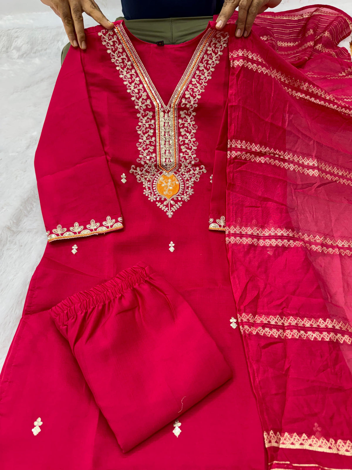 Charming Festive Wear  Roman Silk Embroidery n Sequence Work Designer Straight Kurta With Trouser n Dupatta Set
