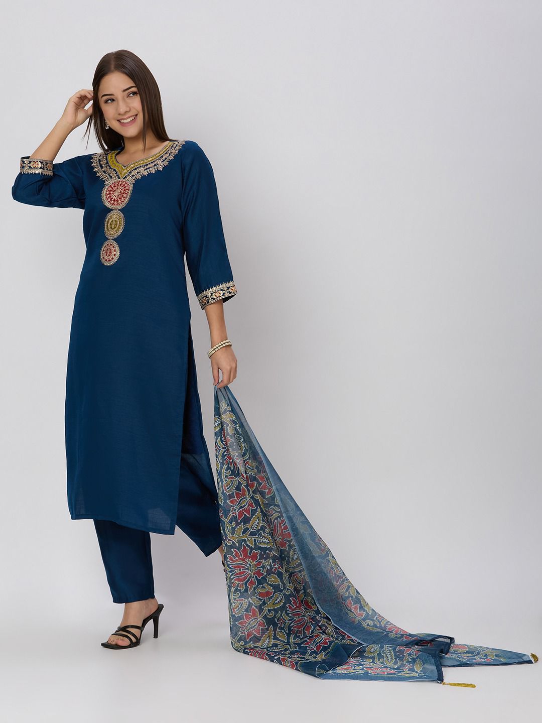 Latest Function Wear  Roman  Silk Embroidery Work Designer Straight Kurta With Trouser n Dupatta Set
