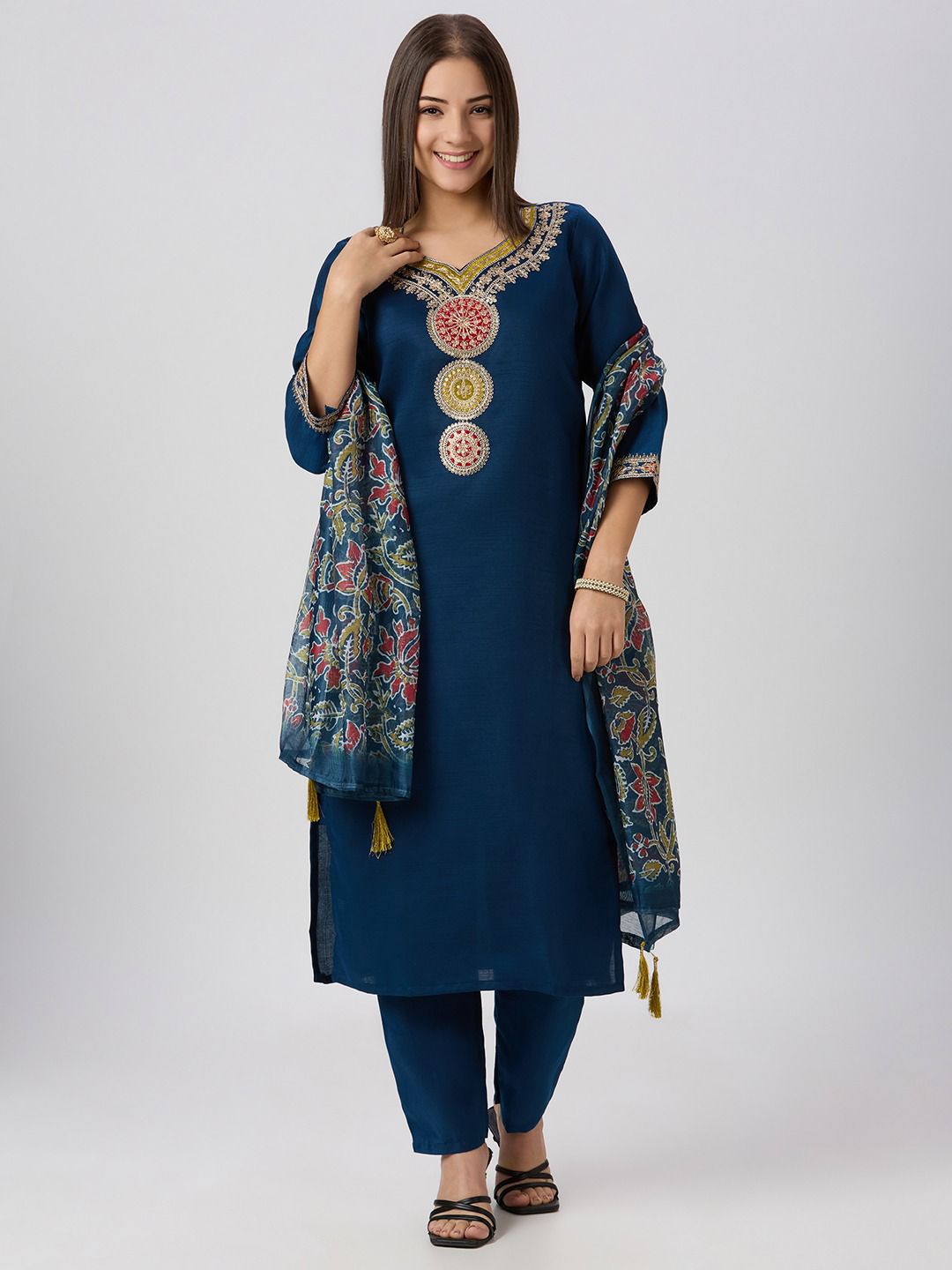 Latest Function Wear  Roman  Silk Embroidery Work Designer Straight Kurta With Trouser n Dupatta Set