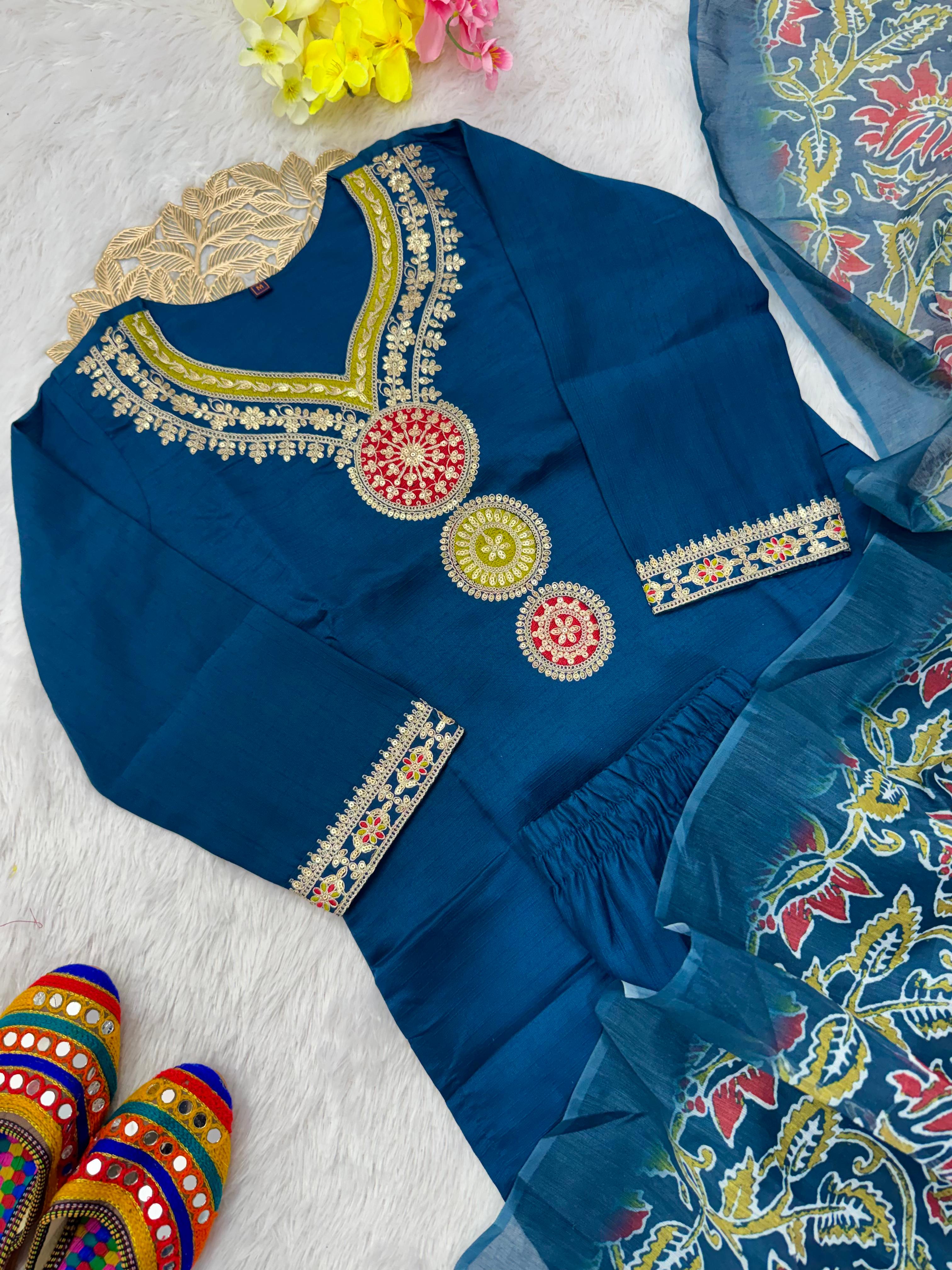 Latest Function Wear  Roman  Silk Embroidery Work Designer Straight Kurta With Trouser n Dupatta Set