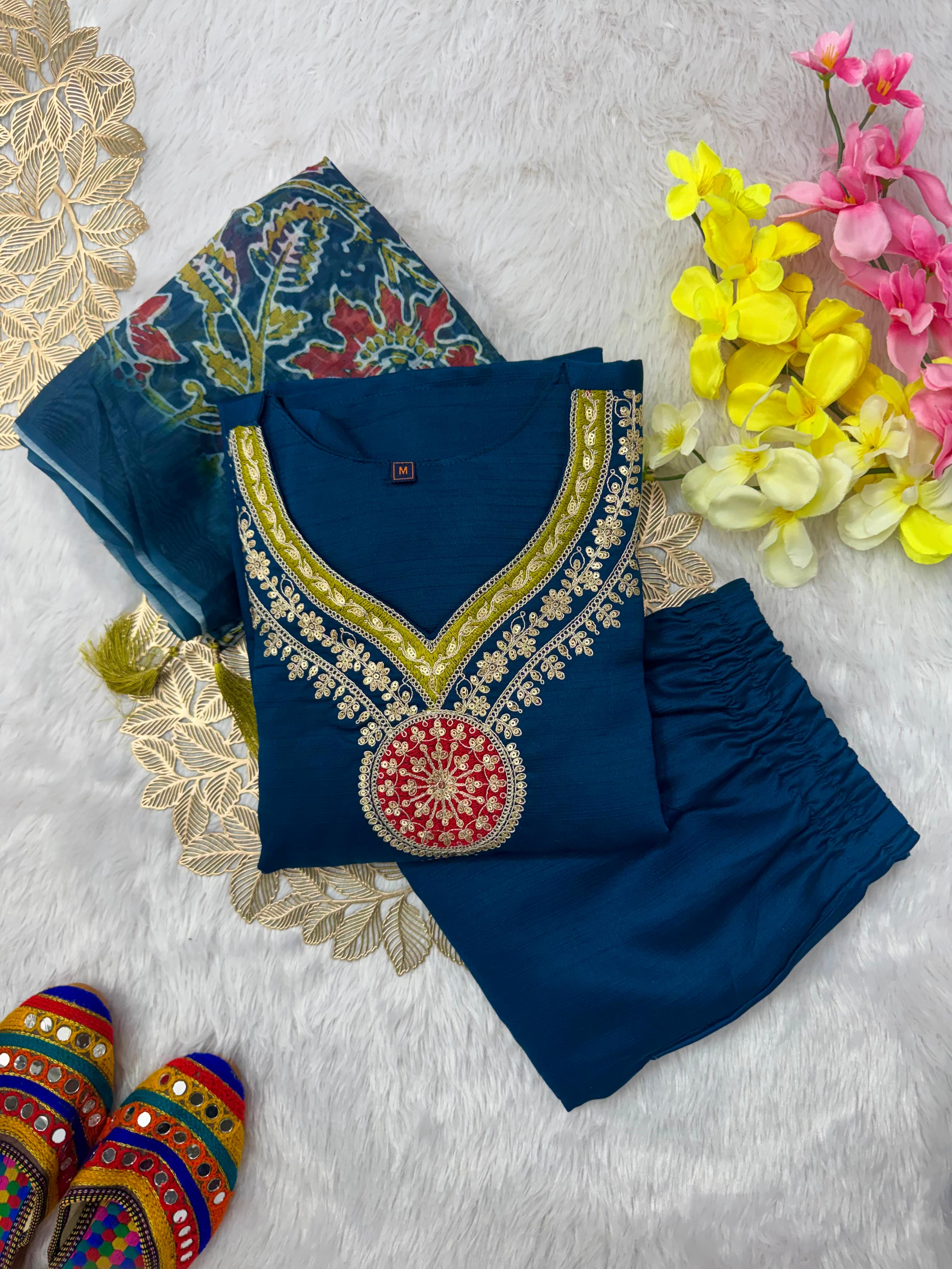 Latest Function Wear  Roman  Silk Embroidery Work Designer Straight Kurta With Trouser n Dupatta Set