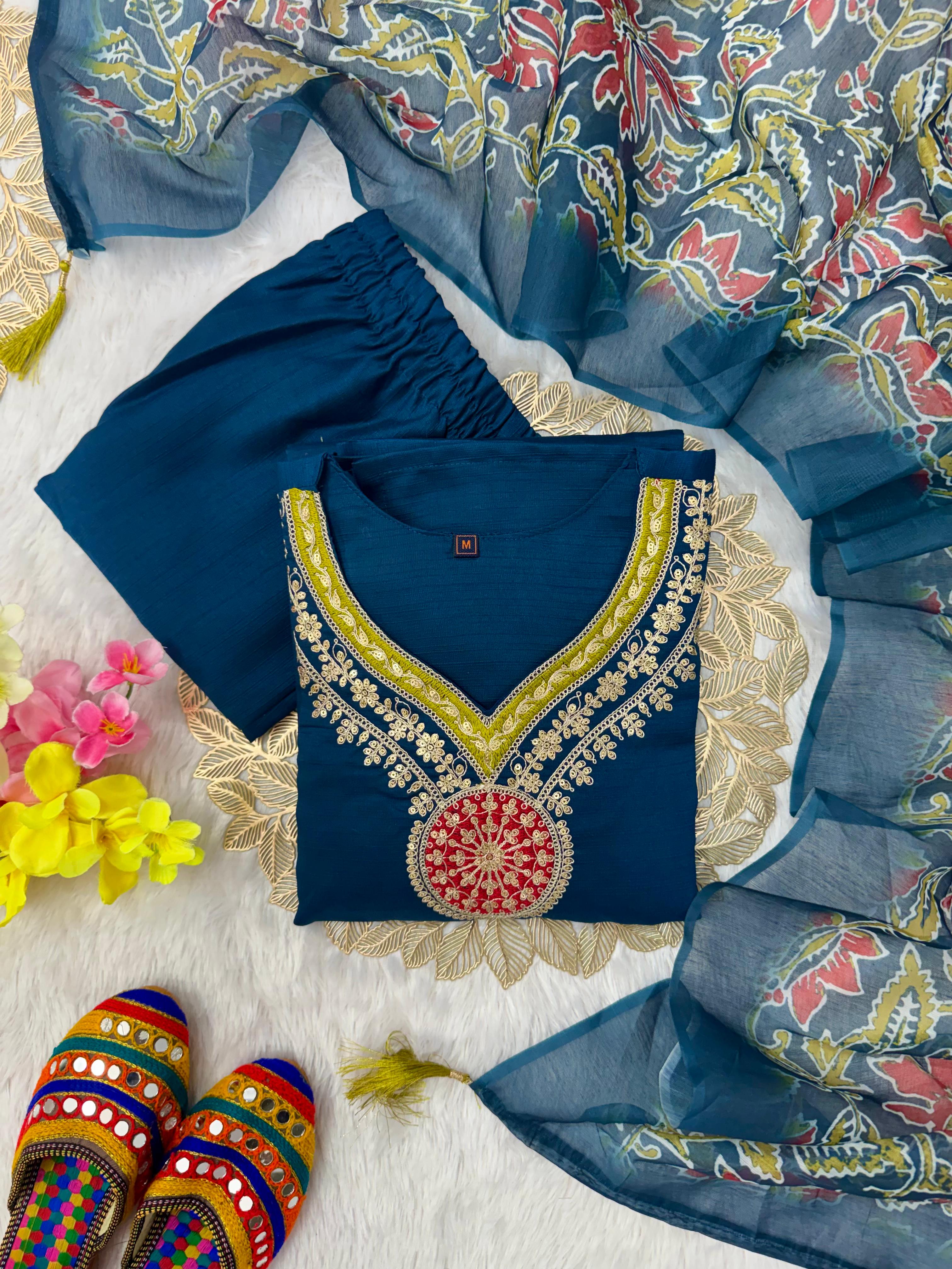 Latest Function Wear  Roman  Silk Embroidery Work Designer Straight Kurta With Trouser n Dupatta Set