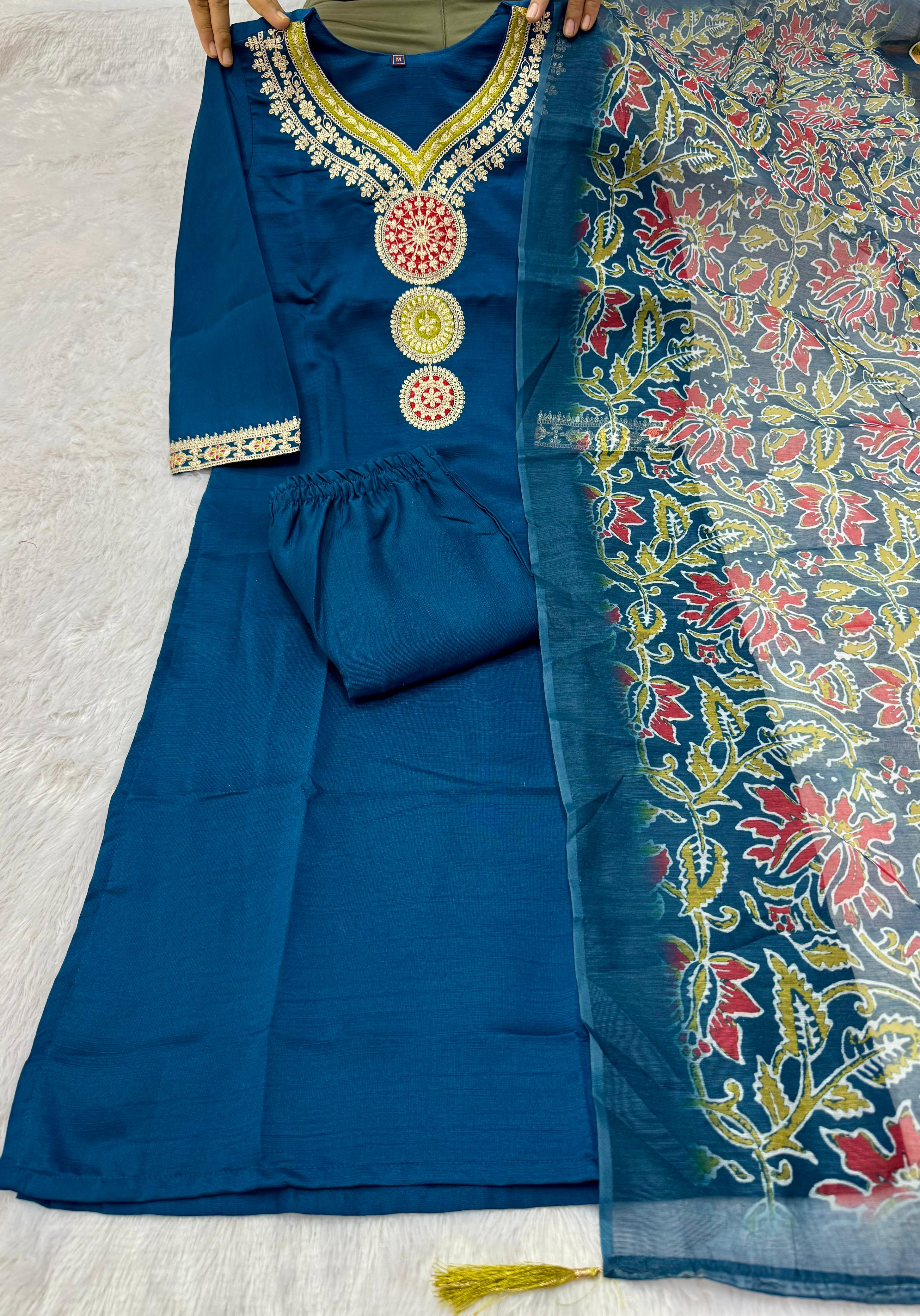 Latest Function Wear  Roman  Silk Embroidery Work Designer Straight Kurta With Trouser n Dupatta Set
