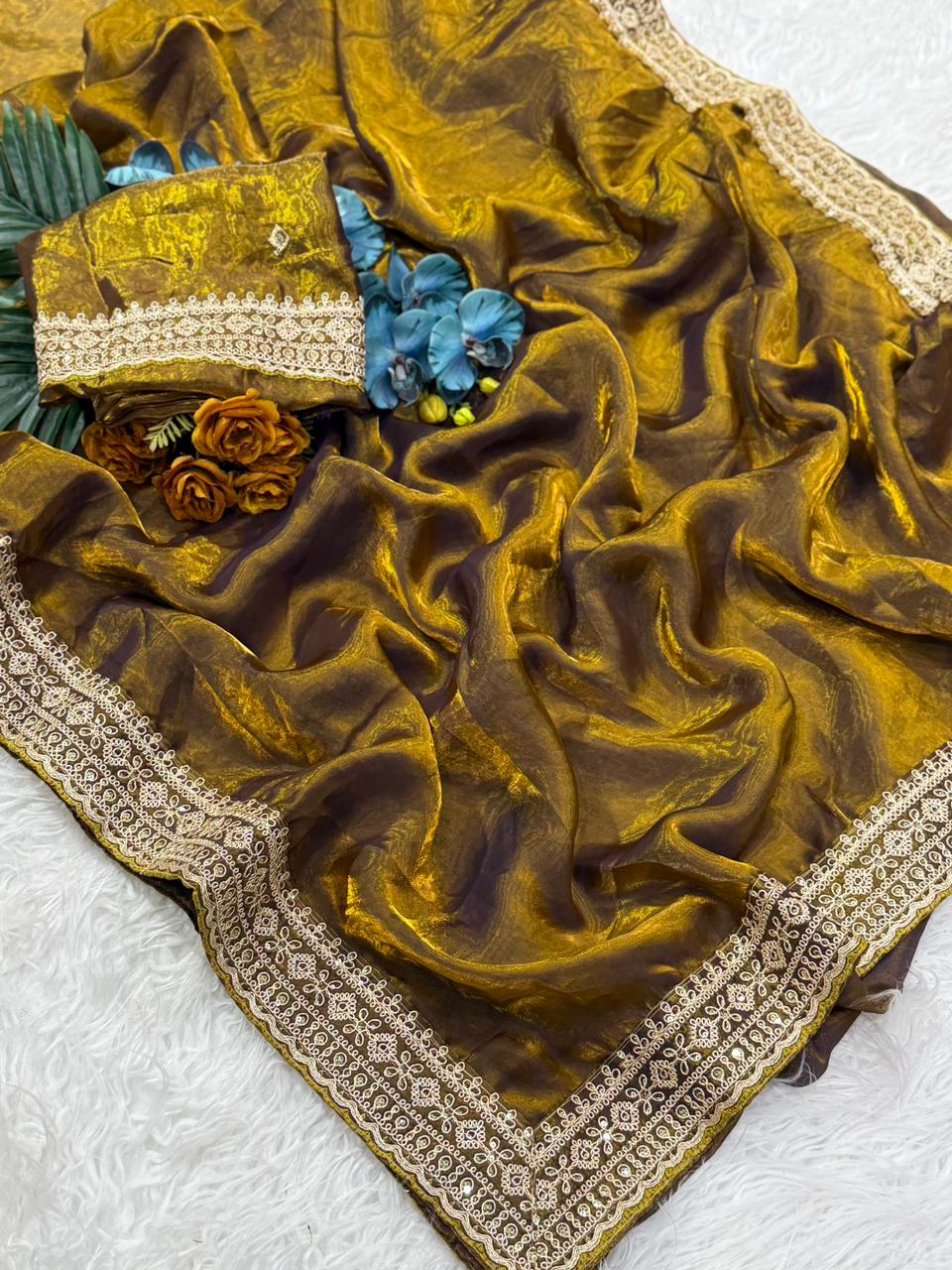 Marvellous Wedding Wear Silk Embroidery Work Lace Border Fancy Designer Saree With Blouse Piece