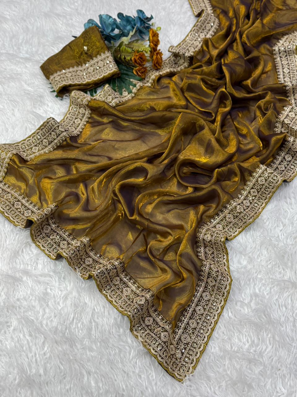 Marvellous Wedding Wear Silk Embroidery Work Lace Border Fancy Designer Saree With Blouse Piece