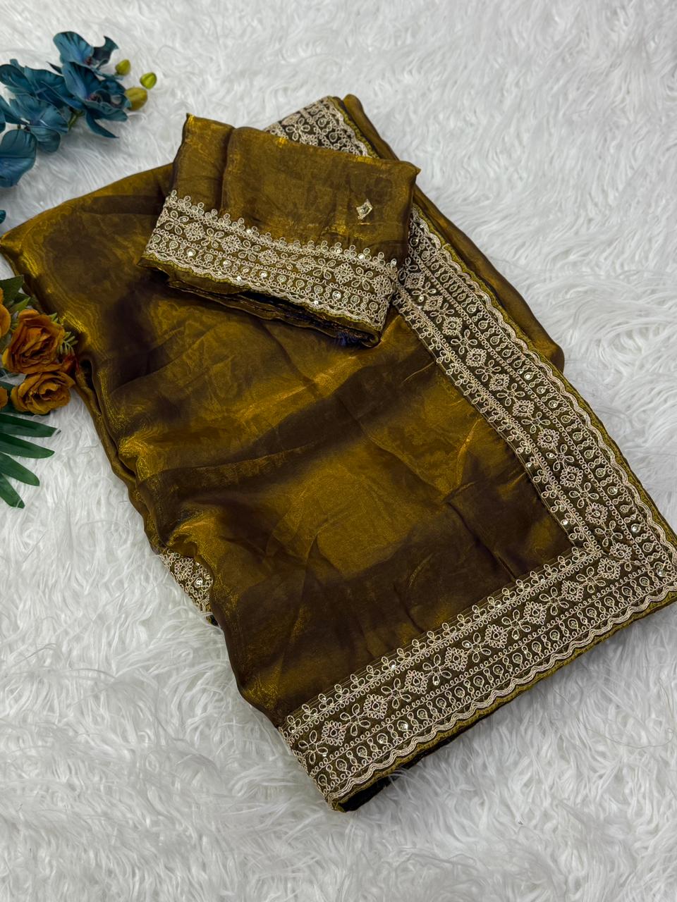 Marvellous Wedding Wear Silk Embroidery Work Lace Border Fancy Designer Saree With Blouse Piece