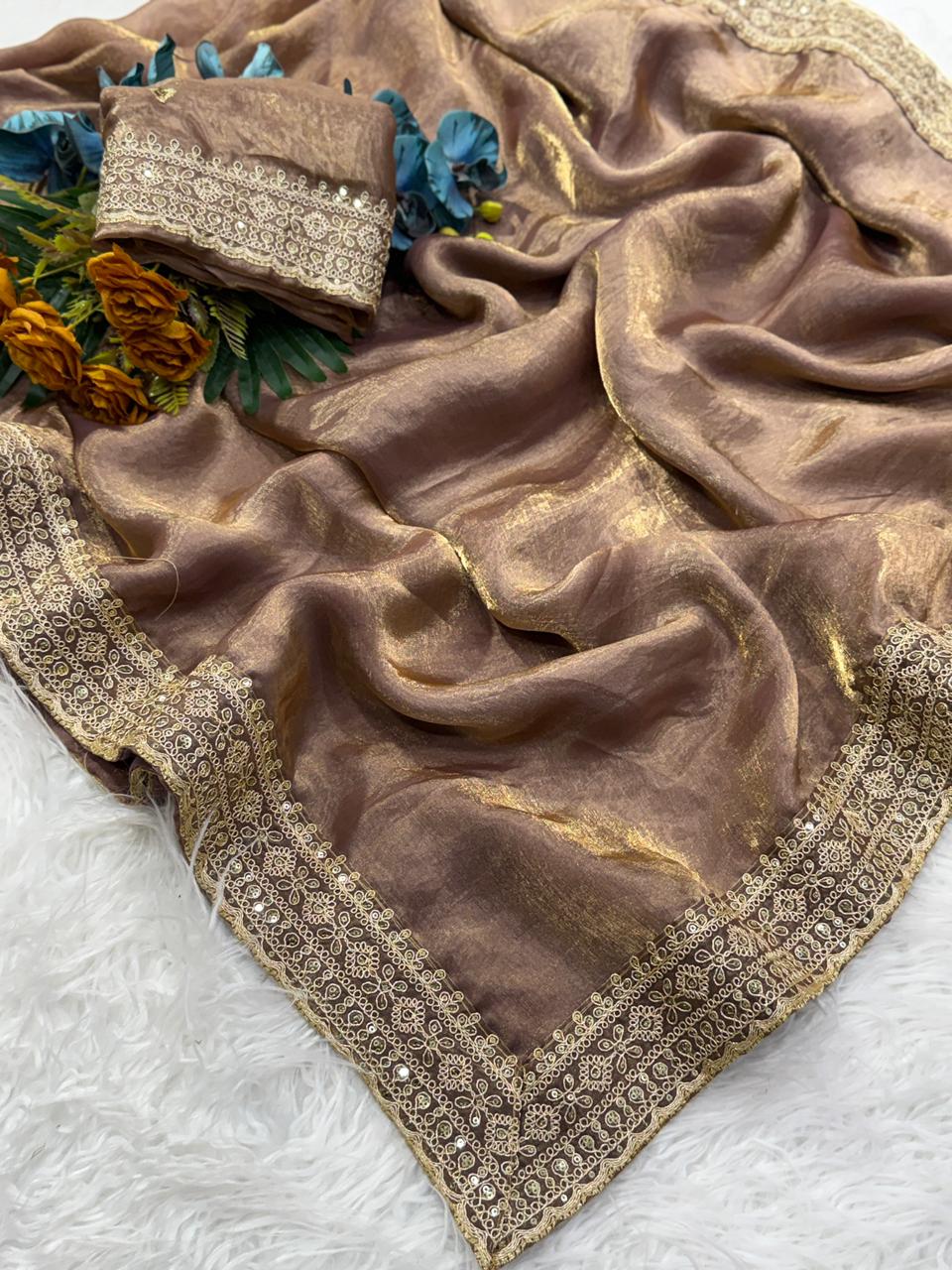 Marvellous Wedding Wear Silk Embroidery Work Lace Border Fancy Designer Saree With Blouse Piece