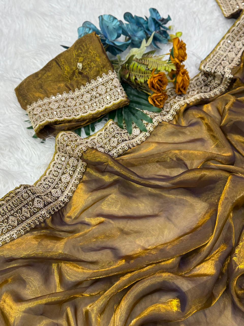 Marvellous Wedding Wear Silk Embroidery Work Lace Border Fancy Designer Saree With Blouse Piece