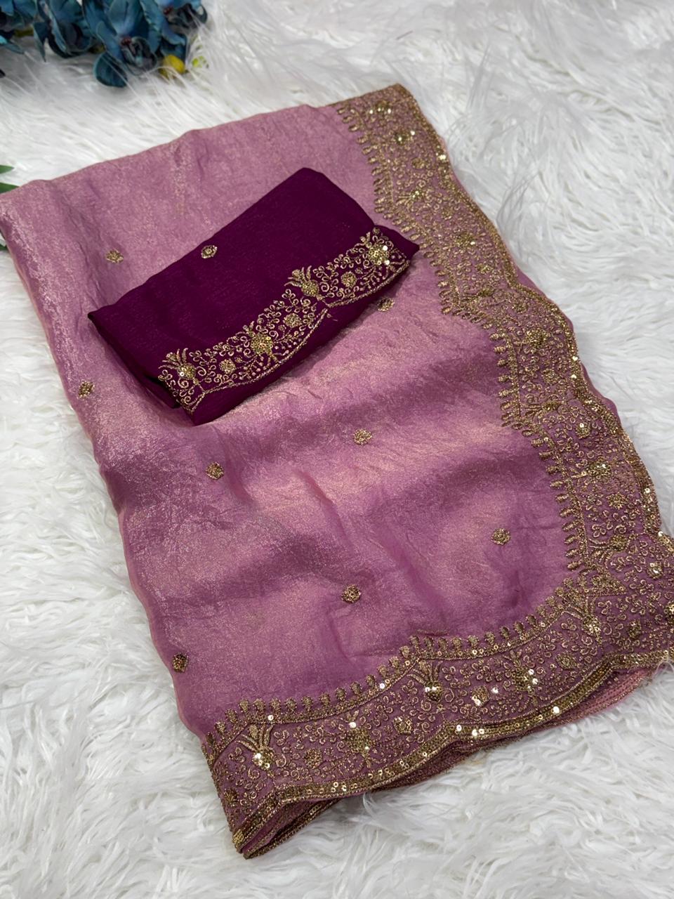 Charming Festive Wear Silk Embroidery Sequence Work Fancy Designer Saree With Blouse Piece