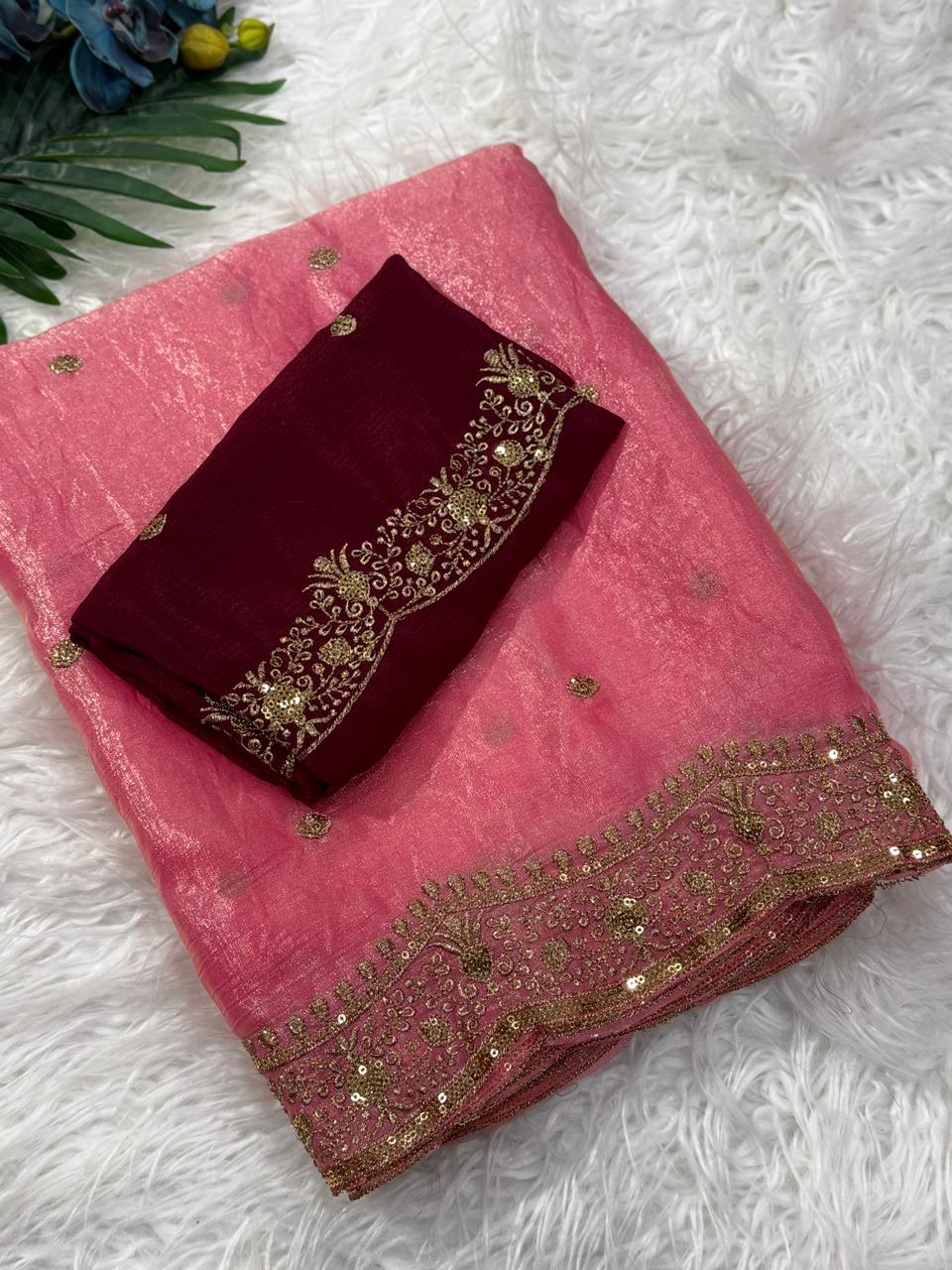 Charming Festive Wear Silk Embroidery Sequence Work Fancy Designer Saree With Blouse Piece