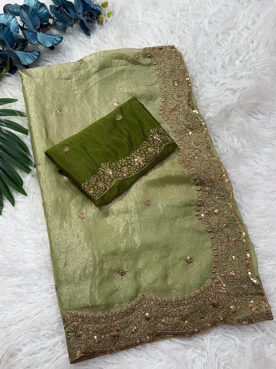 Charming Festive Wear Silk Embroidery Sequence Work Fancy Designer Saree With Blouse Piece