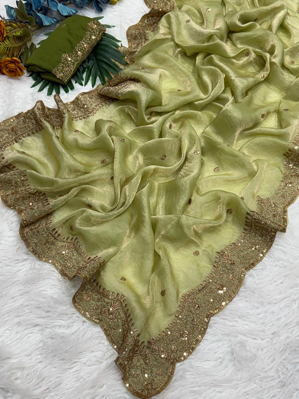 Charming Festive Wear Silk Embroidery Sequence Work Fancy Designer Saree With Blouse Piece