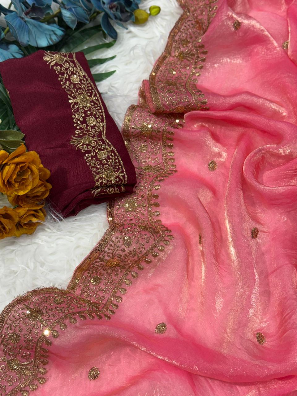 Charming Festive Wear Silk Embroidery Sequence Work Fancy Designer Saree With Blouse Piece
