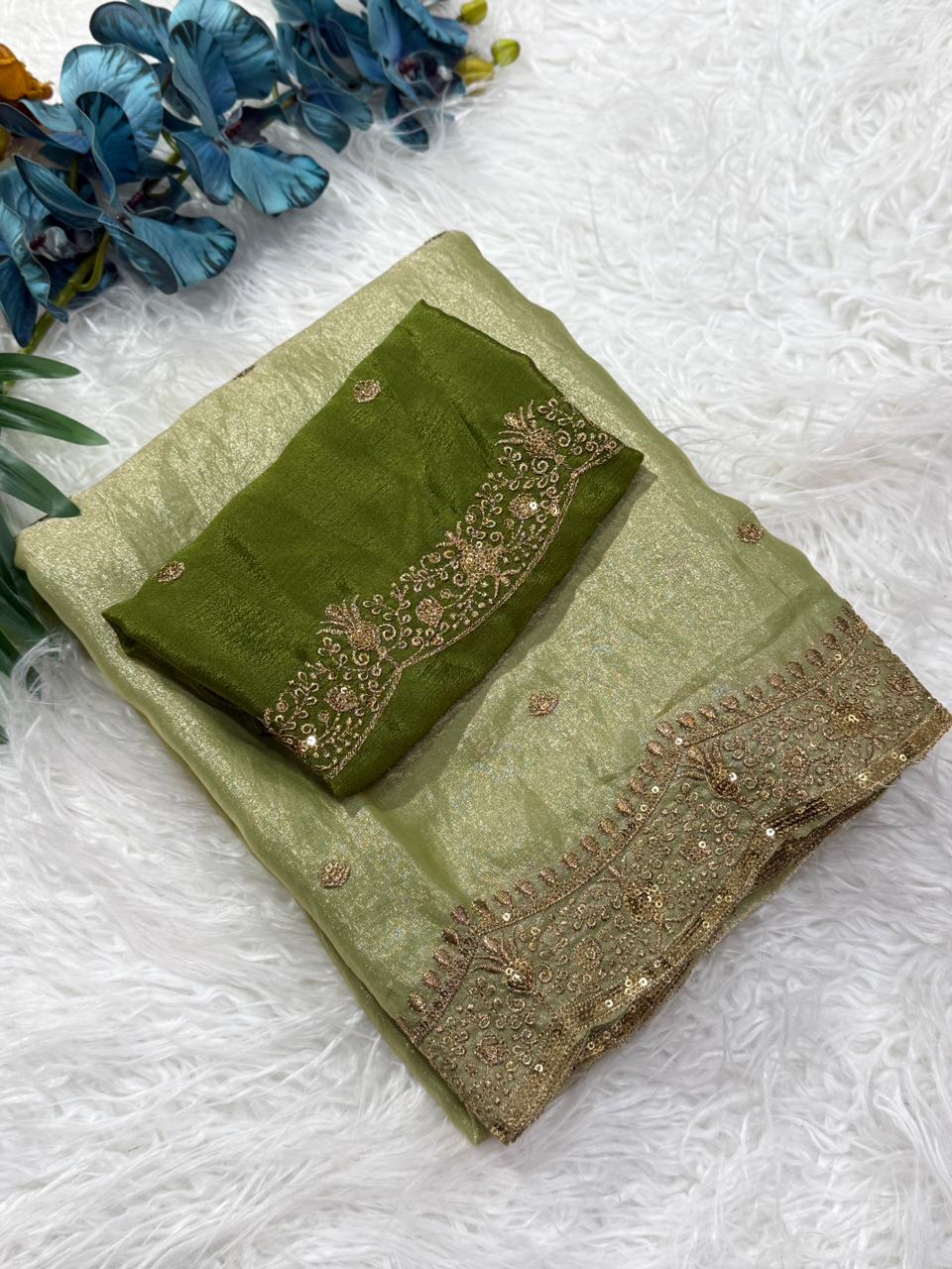 Charming Festive Wear Silk Embroidery Sequence Work Fancy Designer Saree With Blouse Piece
