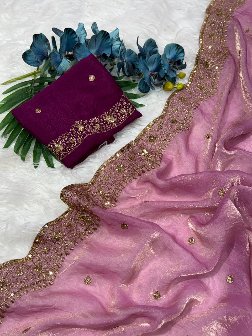 Charming Festive Wear Silk Embroidery Sequence Work Fancy Designer Saree With Blouse Piece