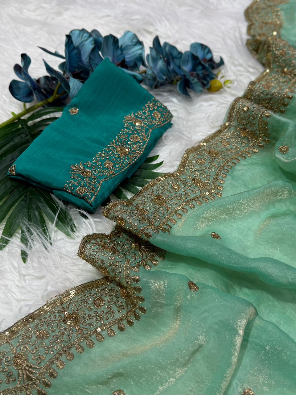 Charming Festive Wear Silk Embroidery Sequence Work Fancy Designer Saree With Blouse Piece