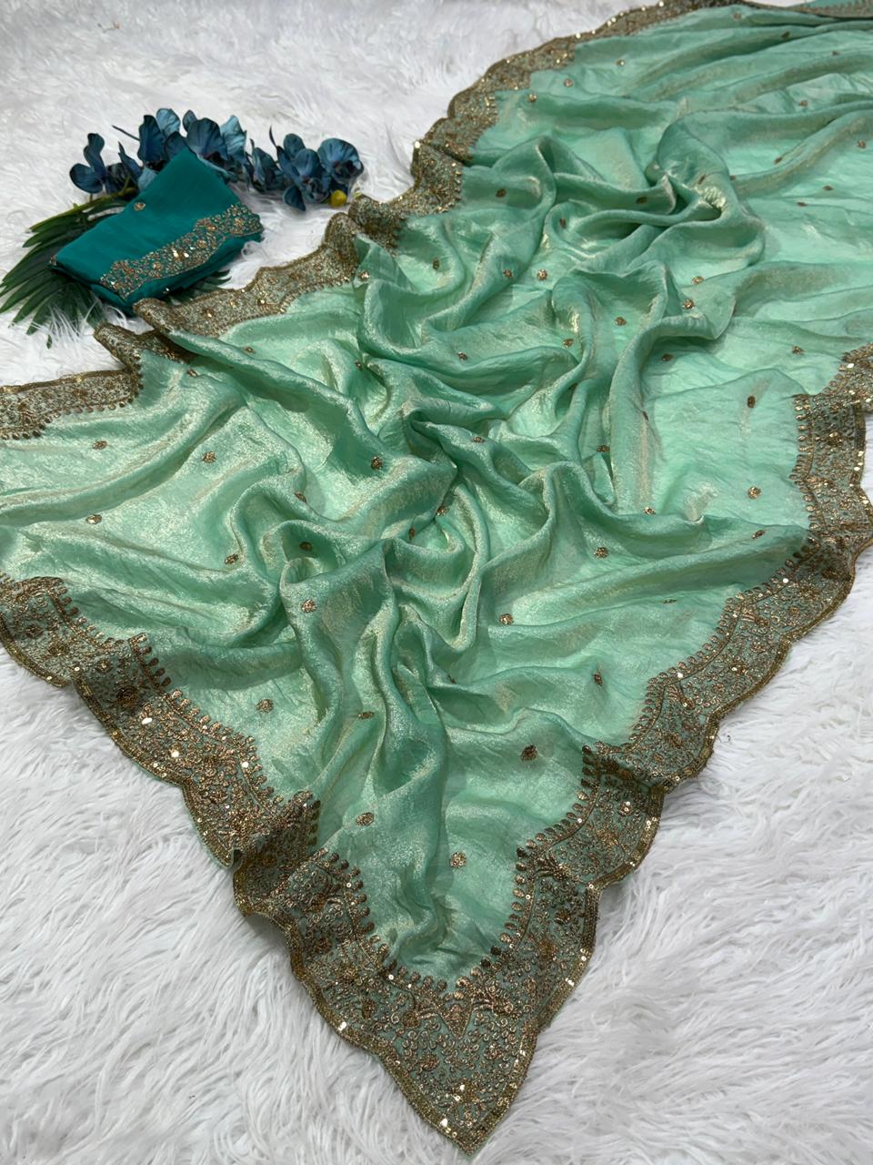 Charming Festive Wear Silk Embroidery Sequence Work Fancy Designer Saree With Blouse Piece