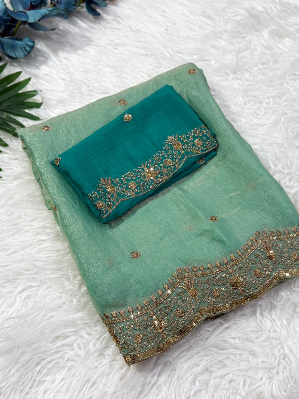 Charming Festive Wear Silk Embroidery Sequence Work Fancy Designer Saree With Blouse Piece