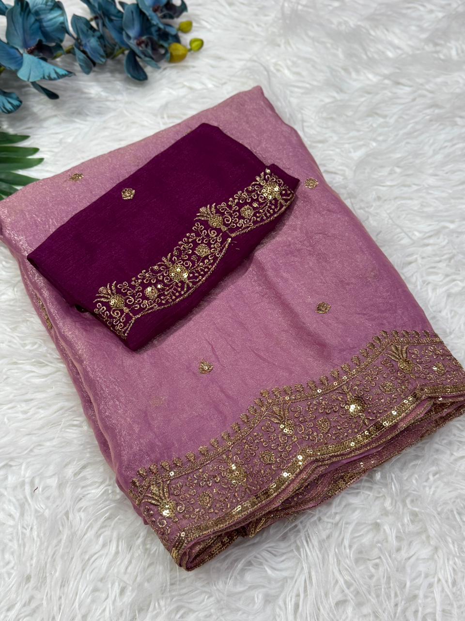 Charming Festive Wear Silk Embroidery Sequence Work Fancy Designer Saree With Blouse Piece