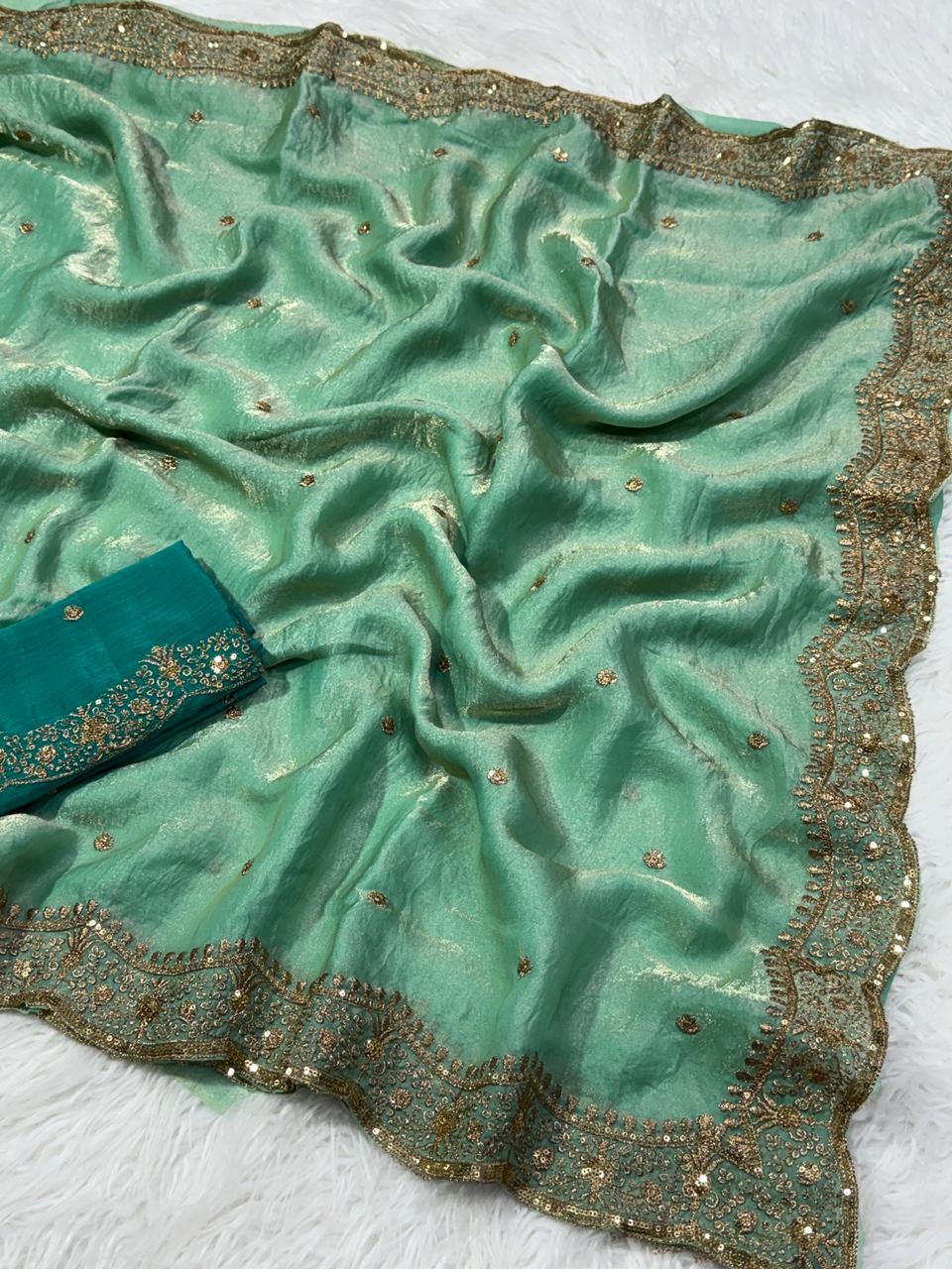 Charming Festive Wear Silk Embroidery Sequence Work Fancy Designer Saree With Blouse Piece