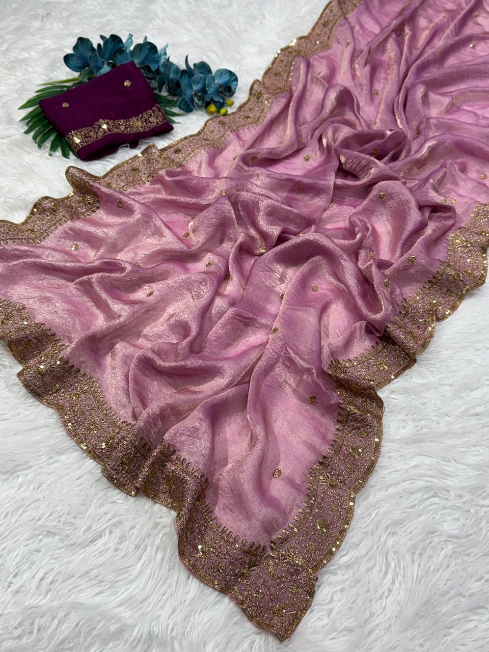 Charming Festive Wear Silk Embroidery Sequence Work Fancy Designer Saree With Blouse Piece