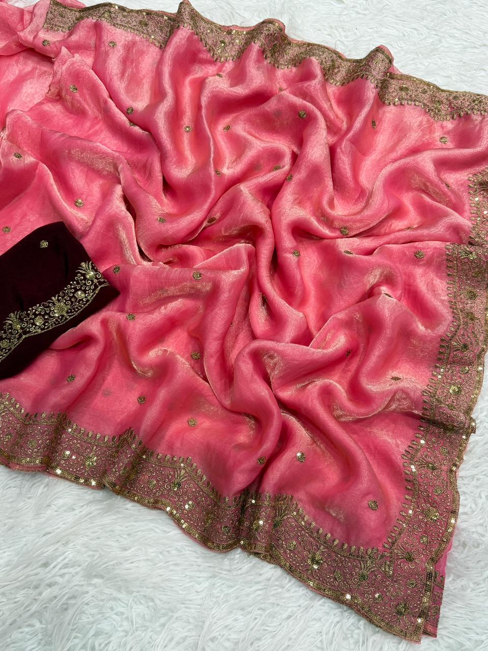 Charming Festive Wear Silk Embroidery Sequence Work Fancy Designer Saree With Blouse Piece