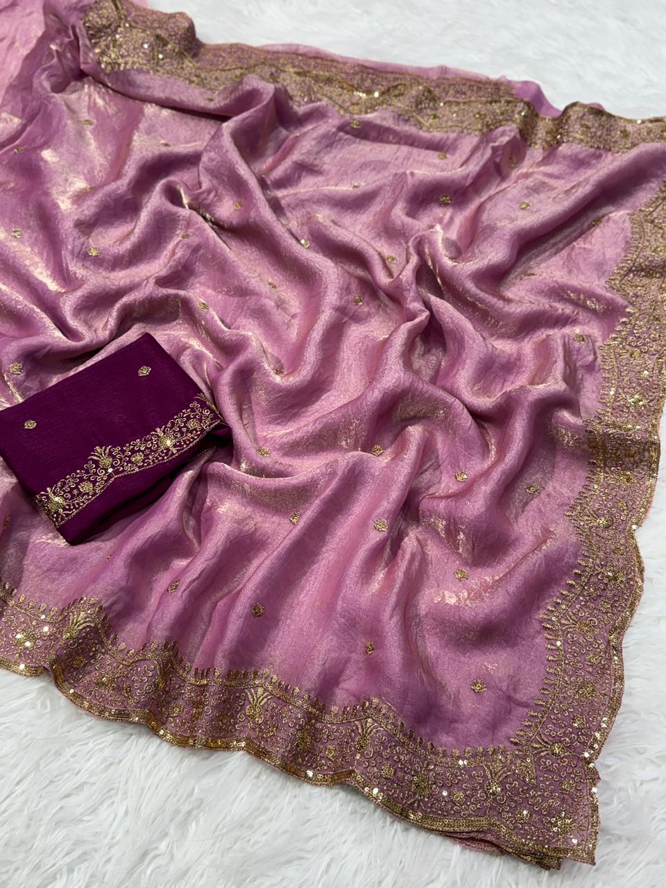 Charming Festive Wear Silk Embroidery Sequence Work Fancy Designer Saree With Blouse Piece