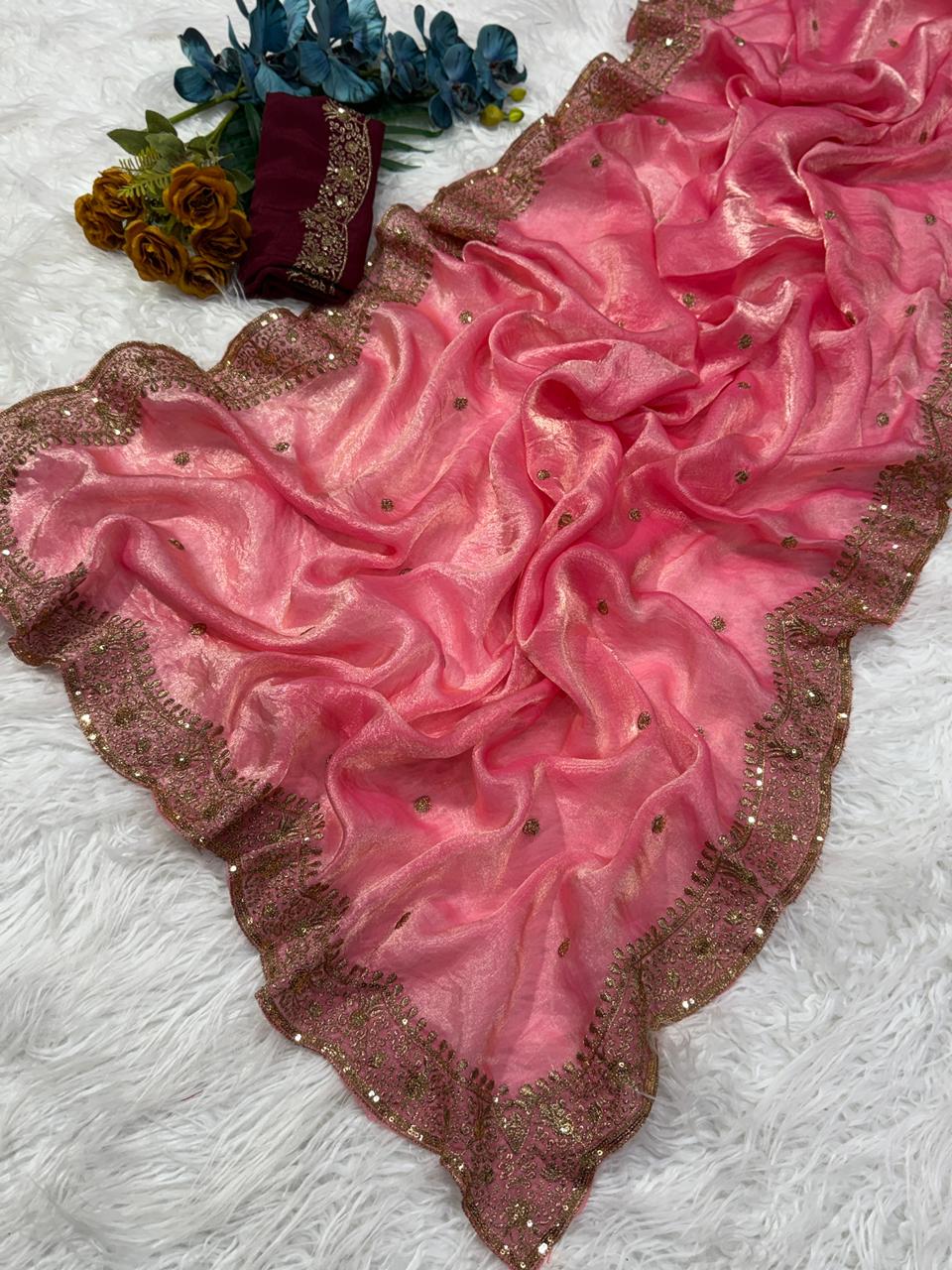 Charming Festive Wear Silk Embroidery Sequence Work Fancy Designer Saree With Blouse Piece