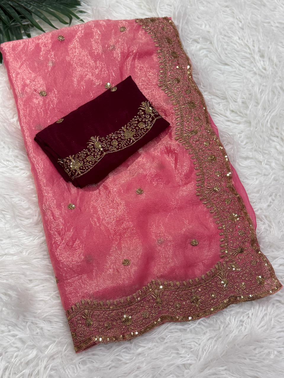 Charming Festive Wear Silk Embroidery Sequence Work Fancy Designer Saree With Blouse Piece