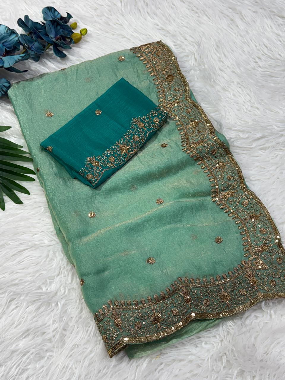 Charming Festive Wear Silk Embroidery Sequence Work Fancy Designer Saree With Blouse Piece