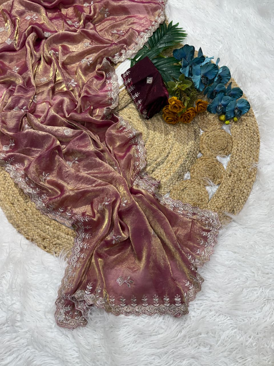 Marvellous Party Wear Silk Embroidery Sequence Work Fancy Designer Saree With Blouse Piece