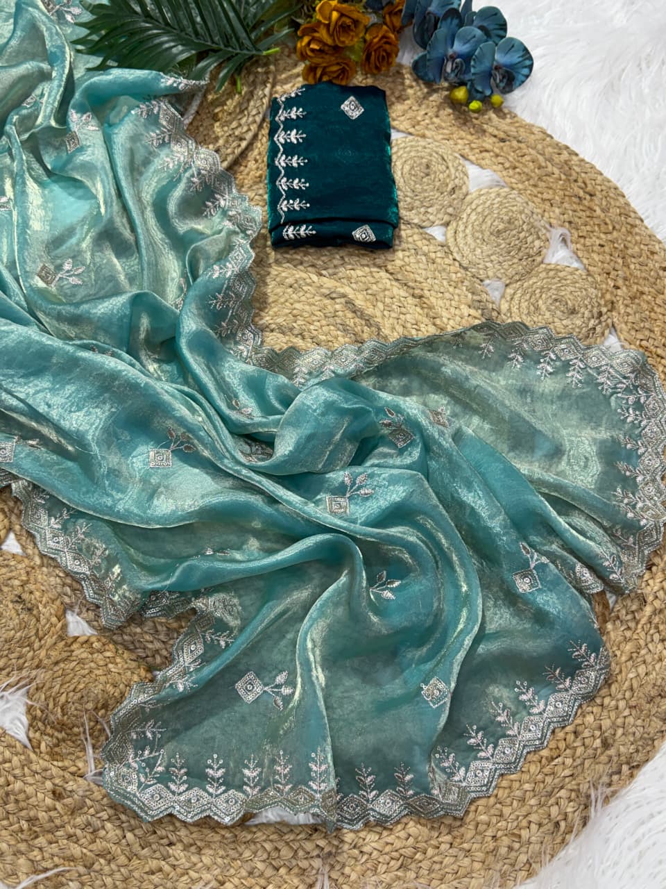 Marvellous Party Wear Silk Embroidery Sequence Work Fancy Designer Saree With Blouse Piece